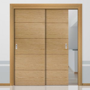 Double Sliding Style Wooden Door with Oak Veneer and PU Lacquer for Villa / Apartment